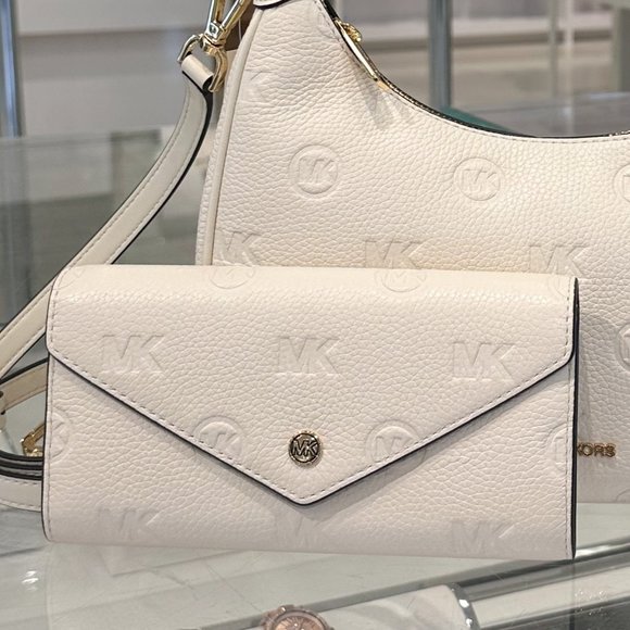 Michael Kors Cora Large Shoulder Crossbody Bag + Wallet Embossed MK Light Cream - Picture 12 of 16